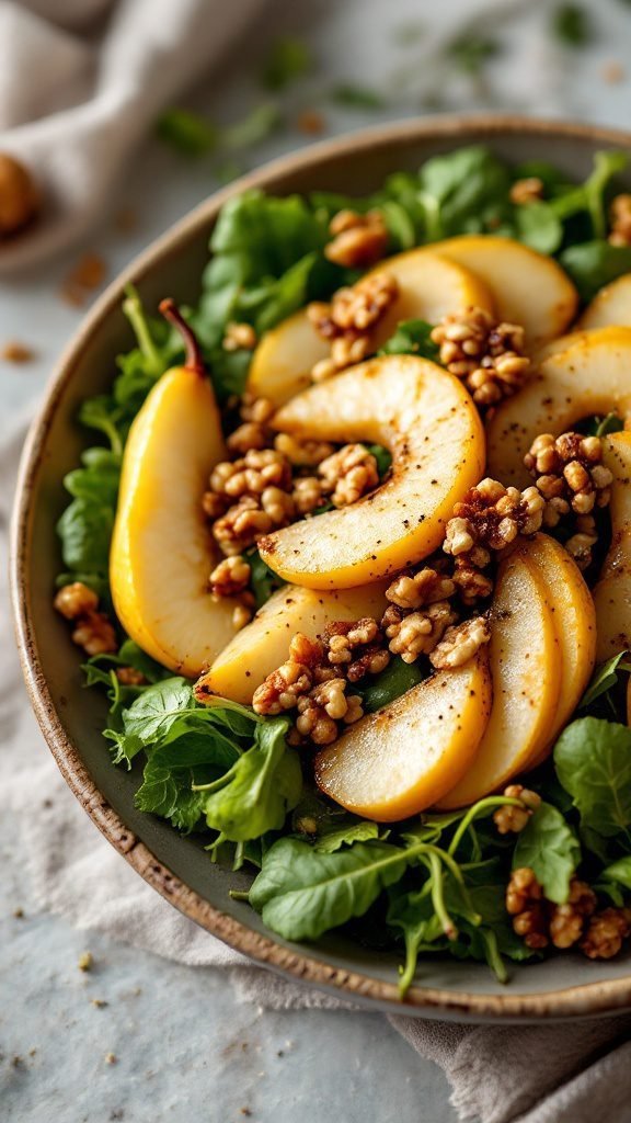 A vibrant spiced pear and walnut salad with greens in a bowl.