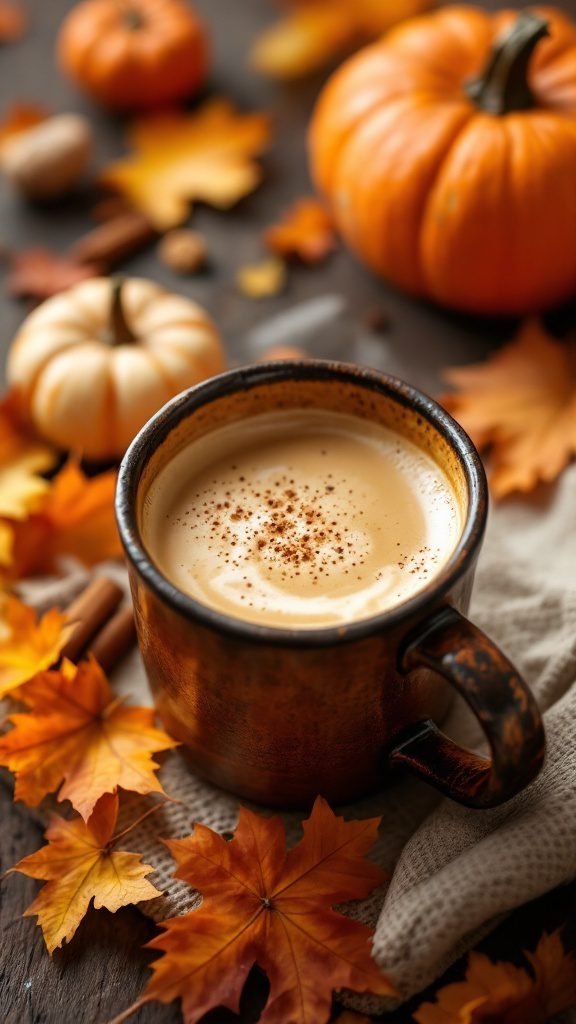 A cozy mug of spiced pumpkin coffee surrounded by autumn leaves and pumpkins