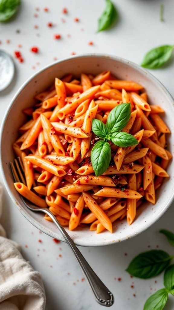 A bowl of spicy penne arrabbiata topped with fresh basil