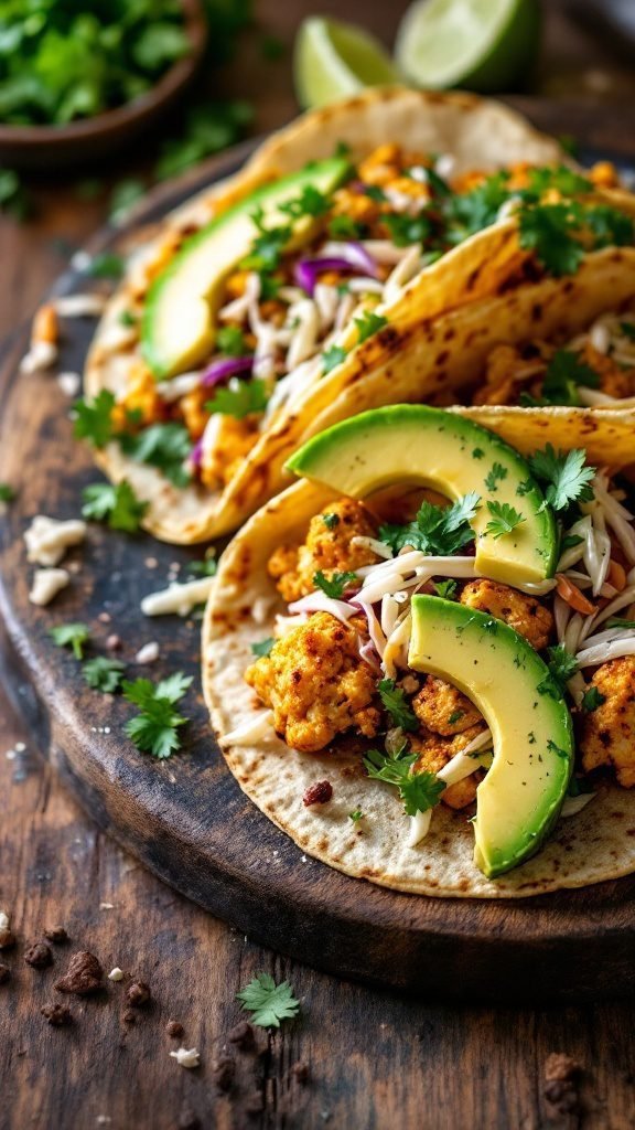 Spicy cauliflower tacos with avocado, cilantro, and lime.