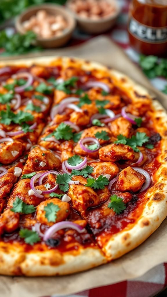 A delicious homemade spicy chicken BBQ pizza topped with cilantro and red onions.