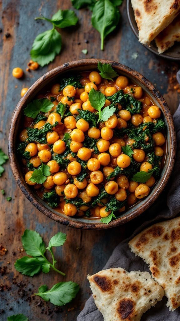 A bowl of spicy chickpea and spinach curry with fresh herbs and naan.