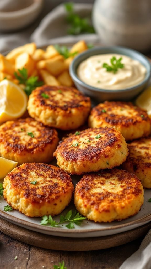 Delicious spicy crab cakes served with lemon wedges and remoulade sauce.