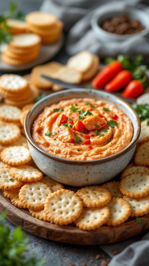 A bowl of spicy fish dip surrounded by crackers, garnished with parsley and bits of red pepper.