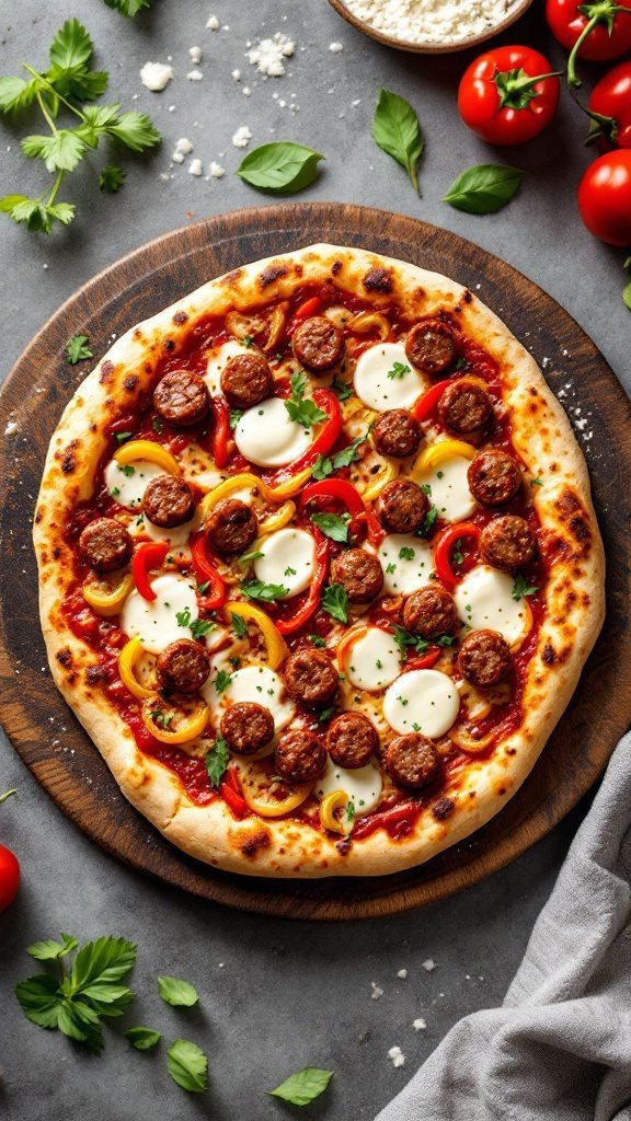 A delicious pizza topped with spicy Italian sausage, colorful peppers, and melted cheese