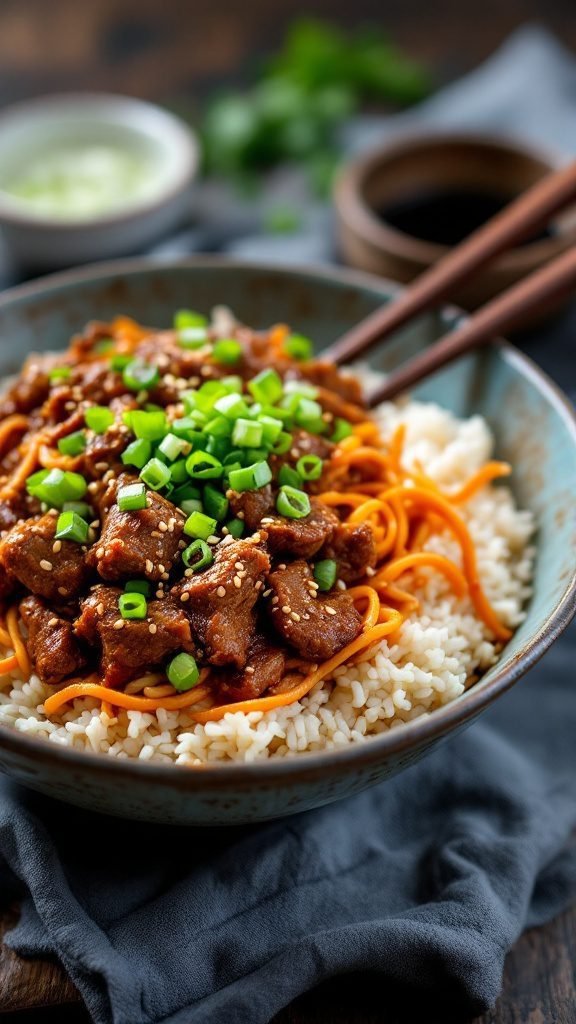 A delicious spicy Korean beef rice bowl with marinated beef, jasmine rice, and fresh toppings.