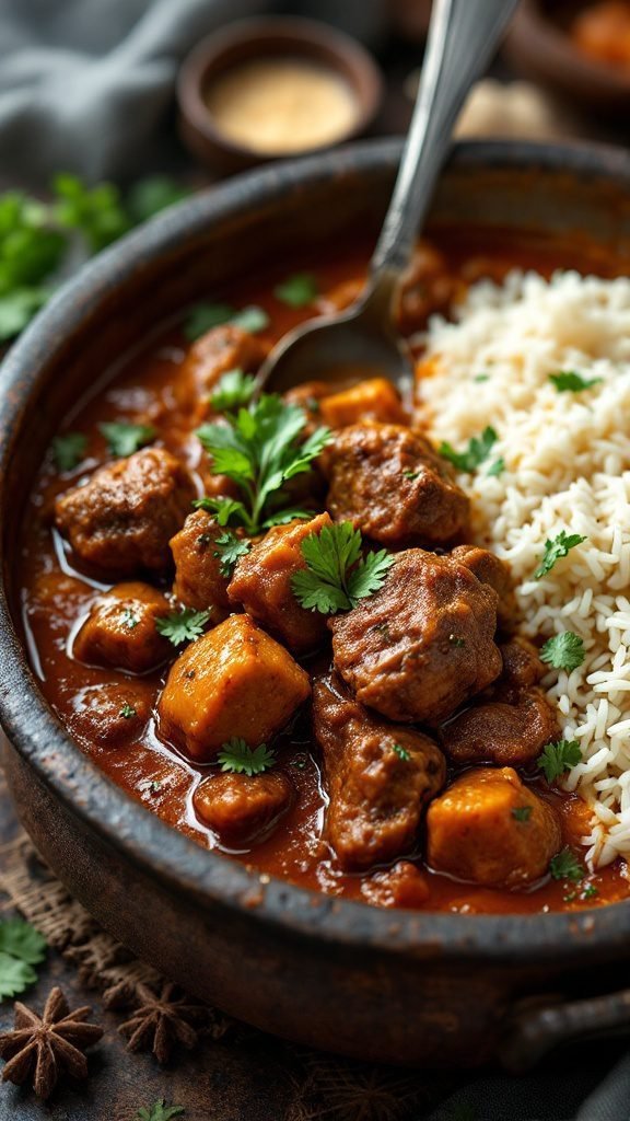 A bowl of spicy lamb curry served with rice and garnished with cilantro.