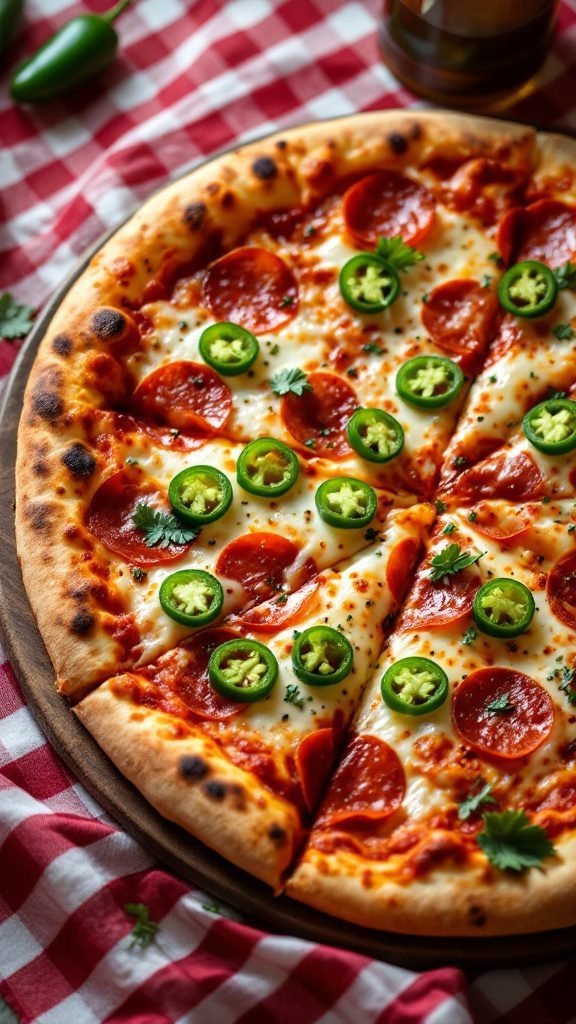 Spicy Pepperoni and Jalapeño pizza sliced and ready to eat.