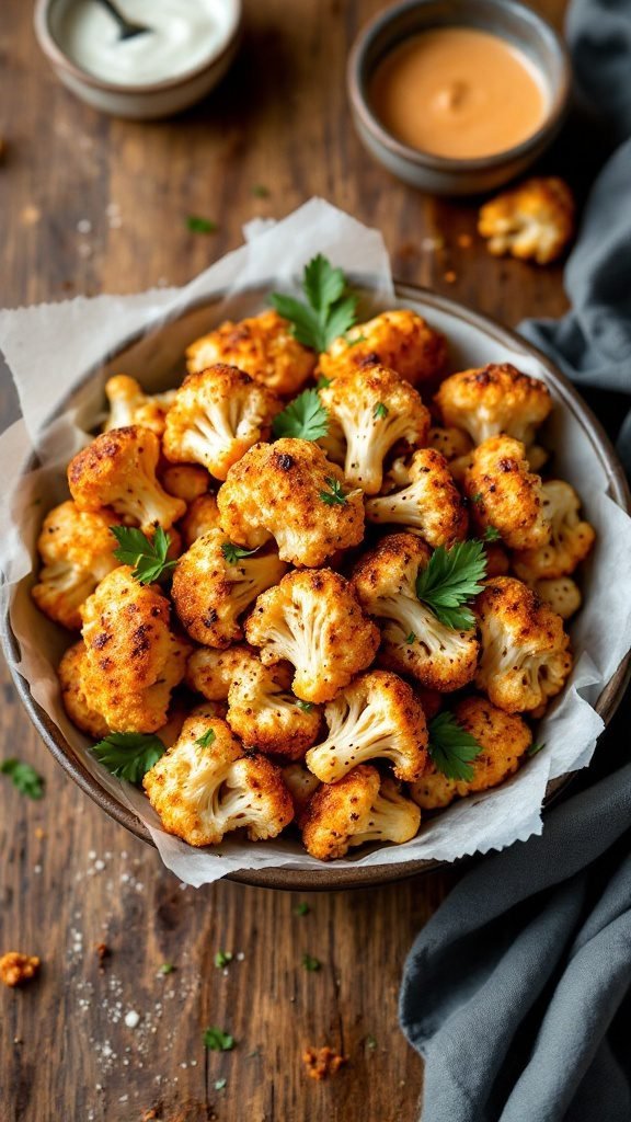 Bowl of spicy roasted cauliflower bites garnished with parsley.