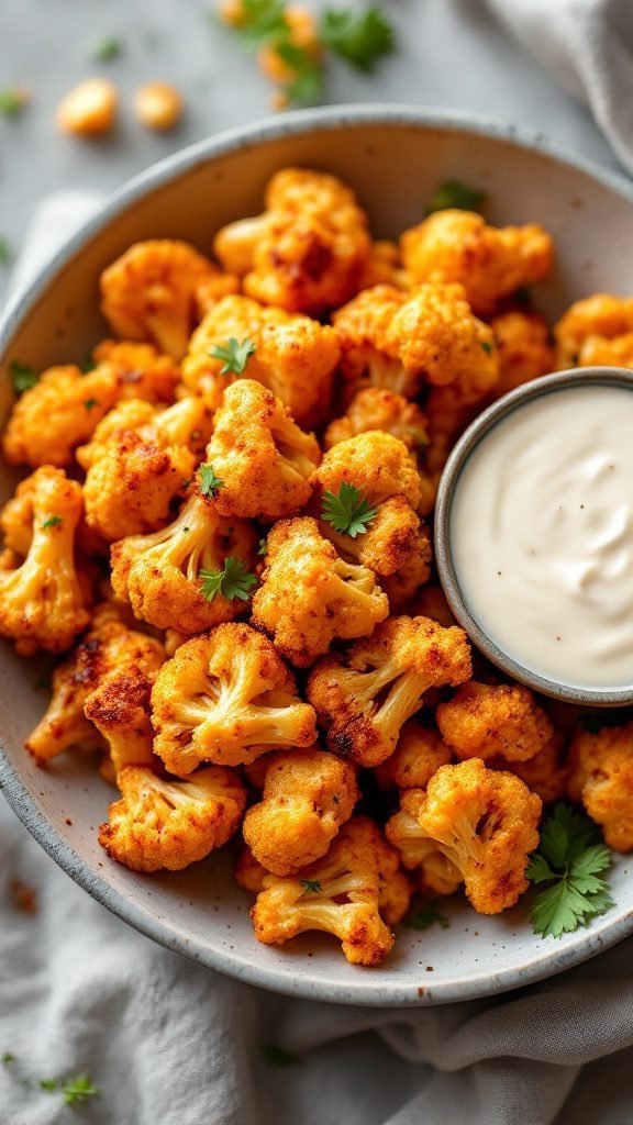 A bowl of spicy roasted cauliflower florets garnished with cilantro and a side of dipping sauce.