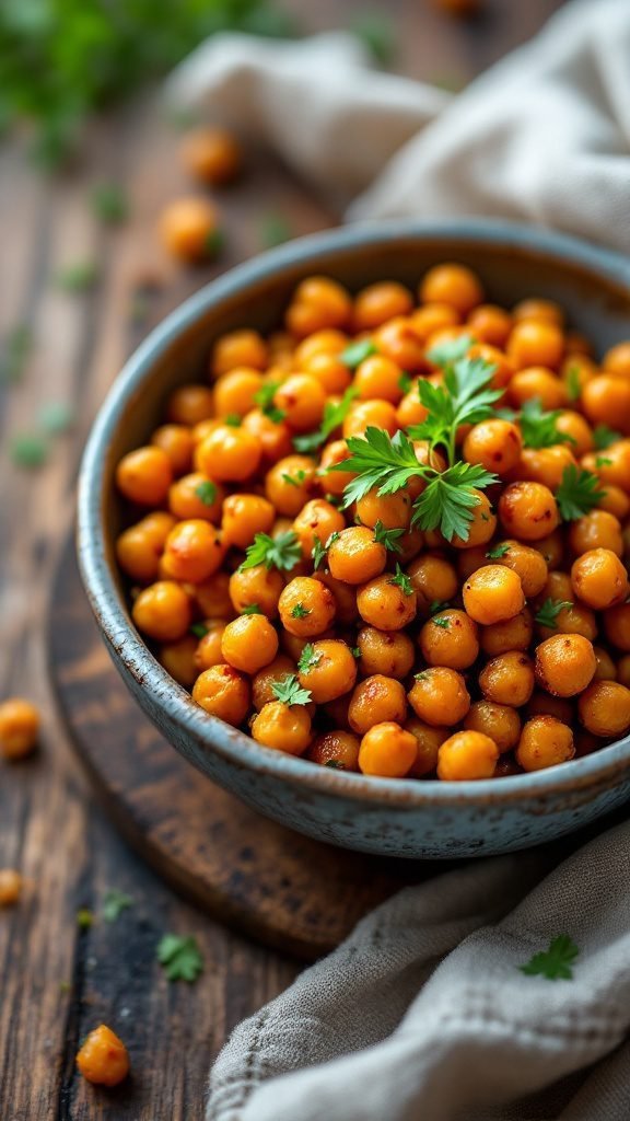 Bowl of spicy roasted chickpeas garnished with parsley.