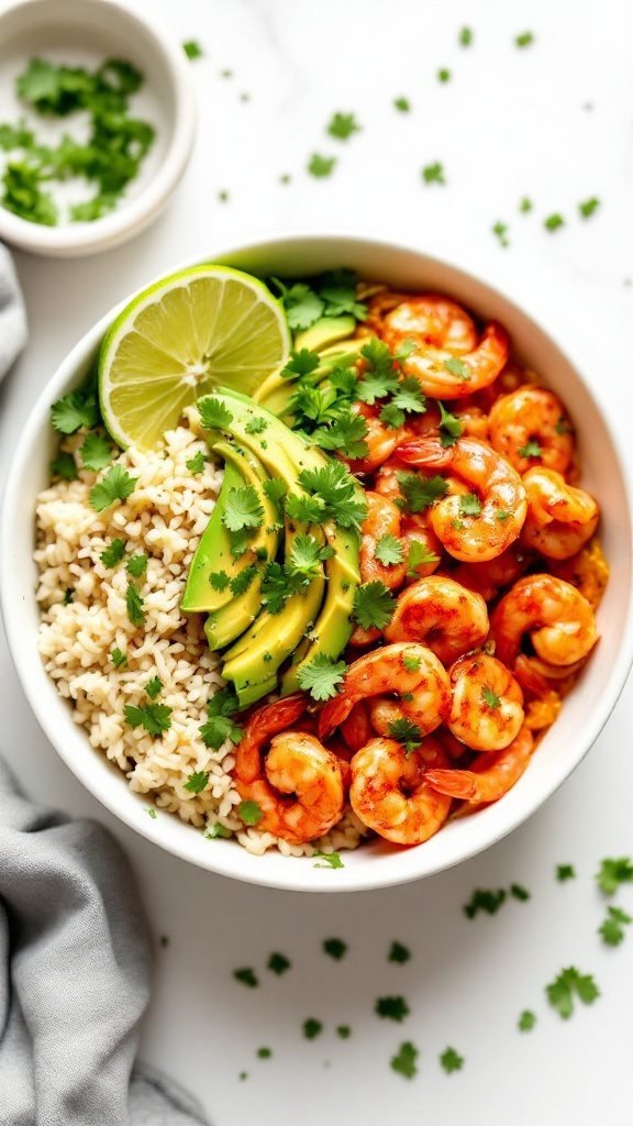 A delicious spicy shrimp and avocado rice bowl with brown rice and fresh cilantro.