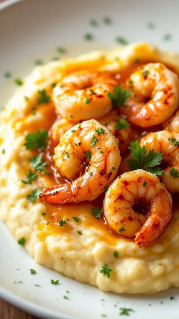 Delicious spicy shrimp and grits with creamy texture and garnished with herbs.