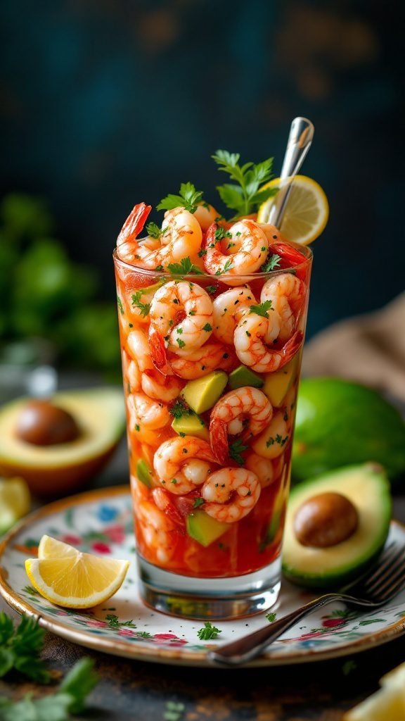 A glass filled with spicy shrimp cocktail featuring shrimp and avocado, garnished with herbs and lemon slices.
