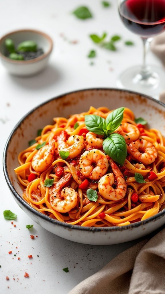 A plate of spicy shrimp penne arrabbiata pasta garnished with fresh basil.