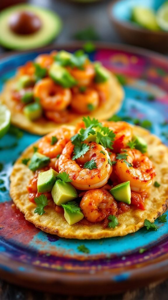 Spicy shrimp tostadas with fresh avocado and cilantro