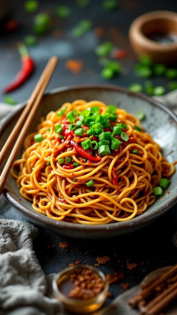 A plate of spicy Sichuan noodles garnished with green onions and chili oil.