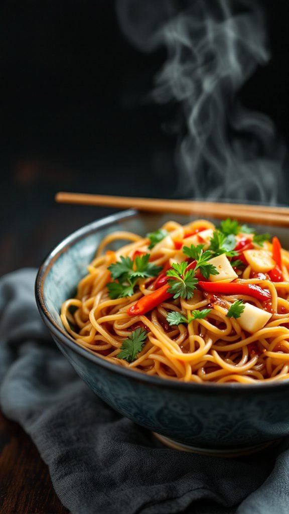 A bowl of spicy Szechuan noodles garnished with vegetables and herbs