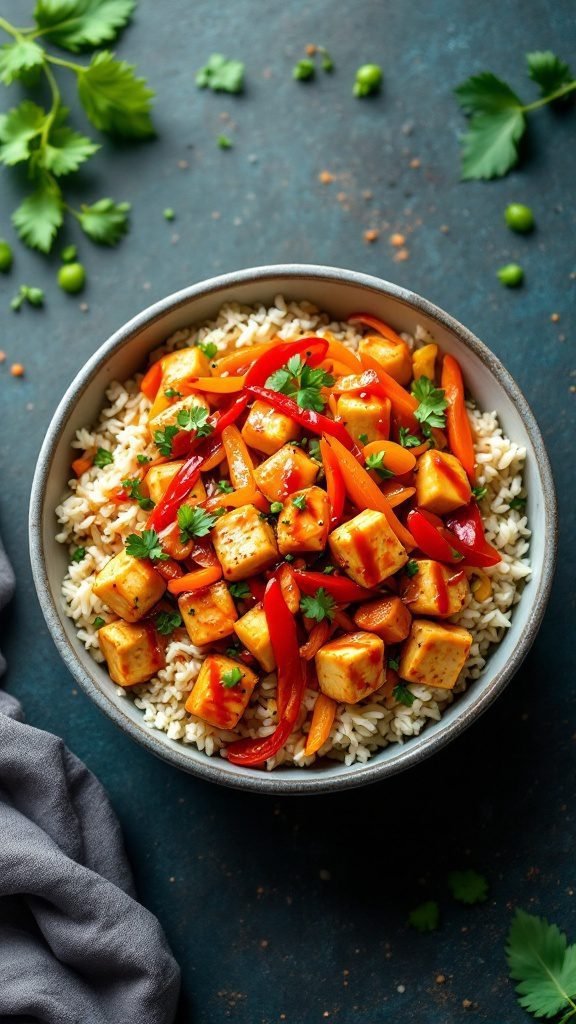 A colorful bowl of spicy tofu and vegetables served over rice