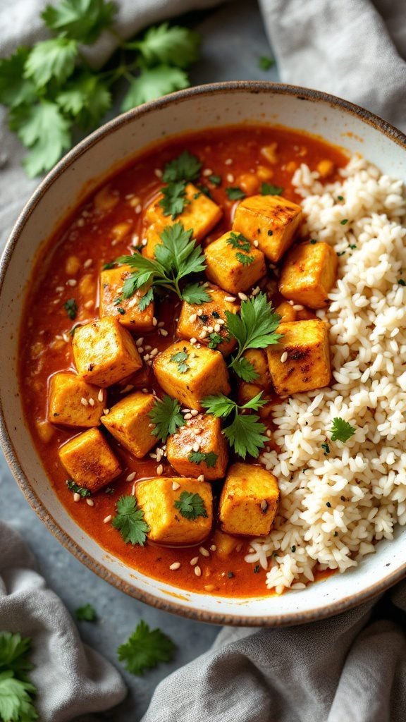 A bowl of spicy tofu curry with rice and fresh herbs.