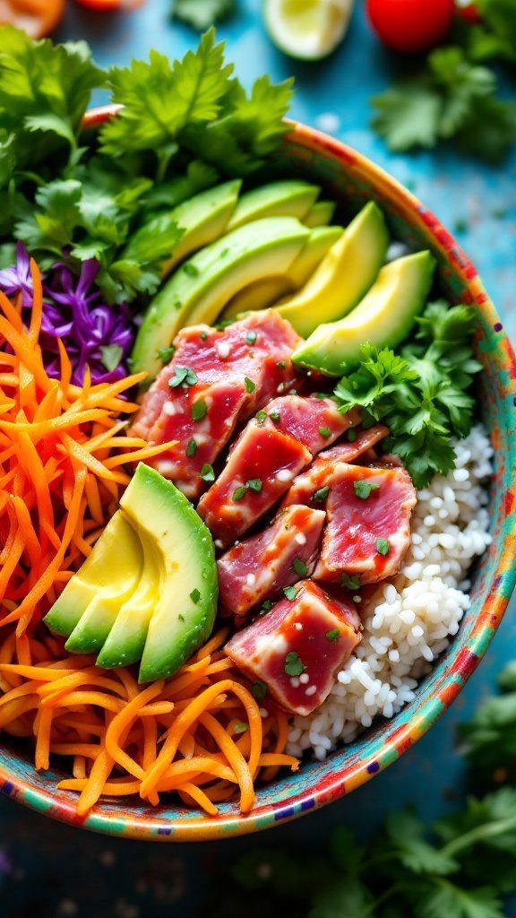A colorful spicy tuna poke bowl with sliced avocado, carrots, and sesame seeds.