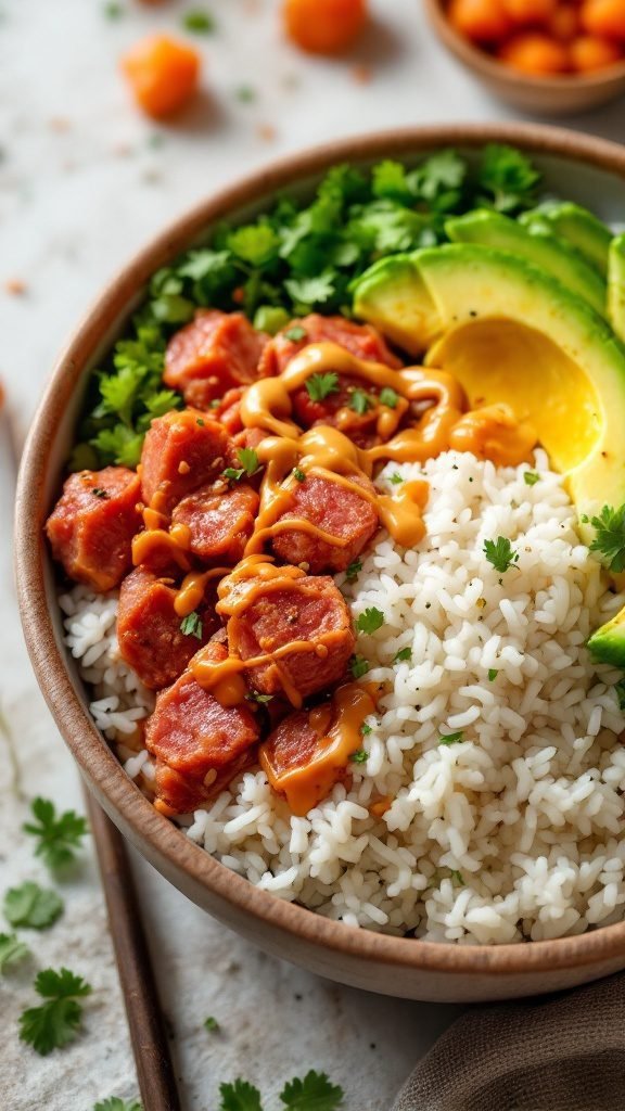 A bowl featuring spicy tuna, rice, avocado, and fresh greens.