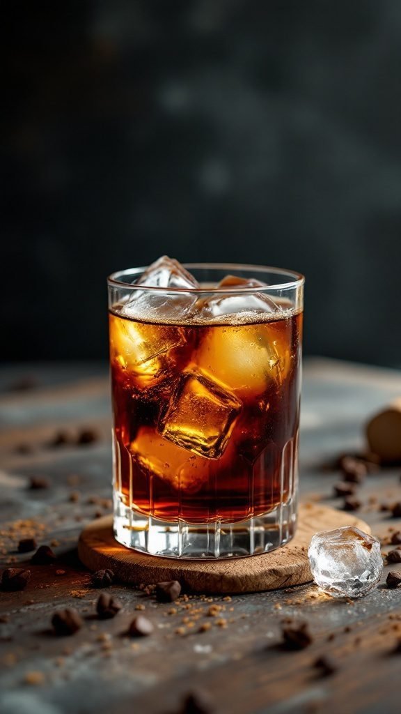 A refreshing glass of iced coffee with bold flavors and ice cubes.