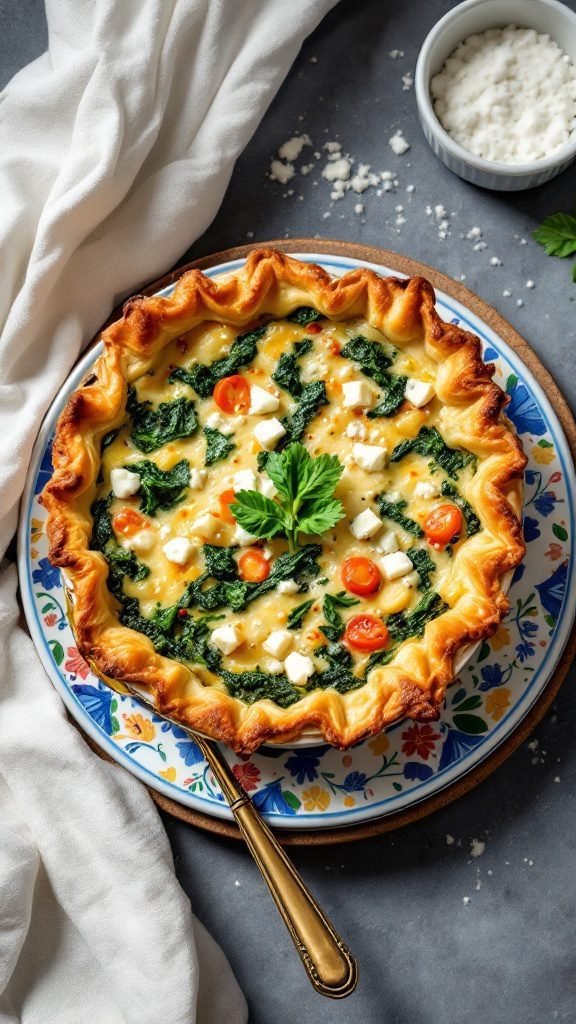 A delicious spinach and feta pot pie with a flaky crust.