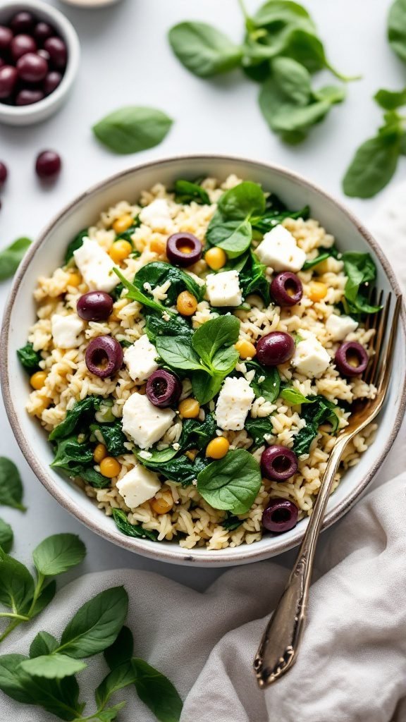 A delicious spinach and feta rice bowl with olives and corn.