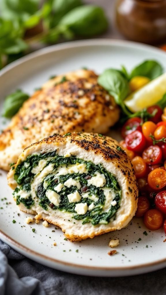 A plate of spinach and feta stuffed chicken breast served with cherry tomatoes and greens.