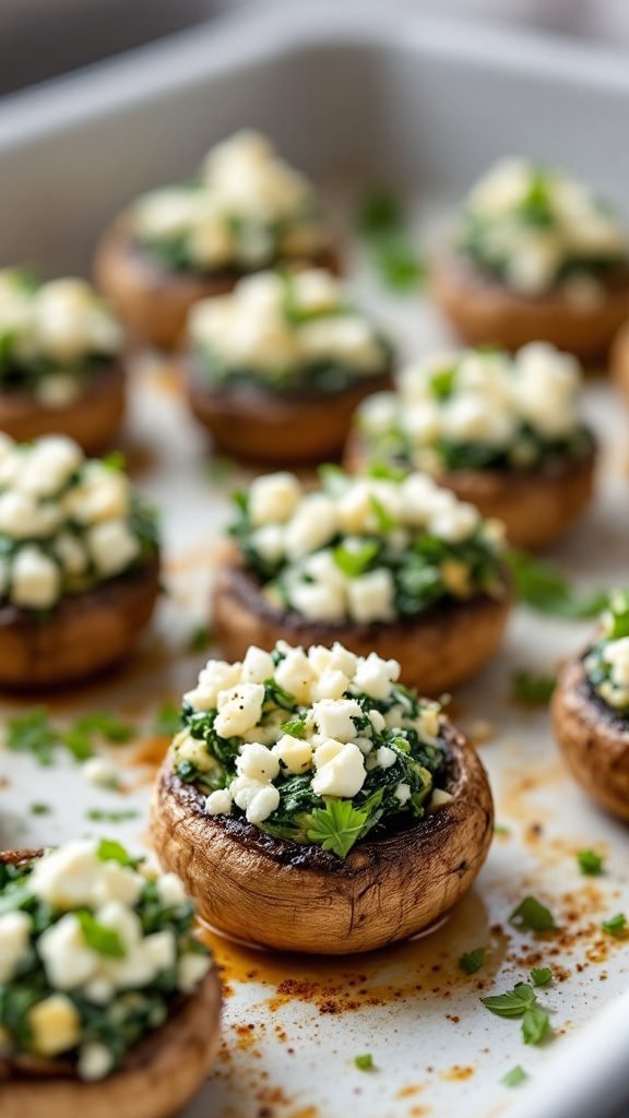Spinach and feta stuffed mushrooms arranged on a baking tray