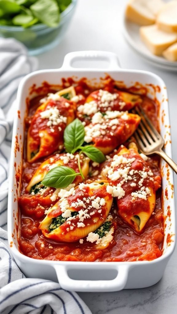 Spinach and Feta Stuffed Shells in a baking dish