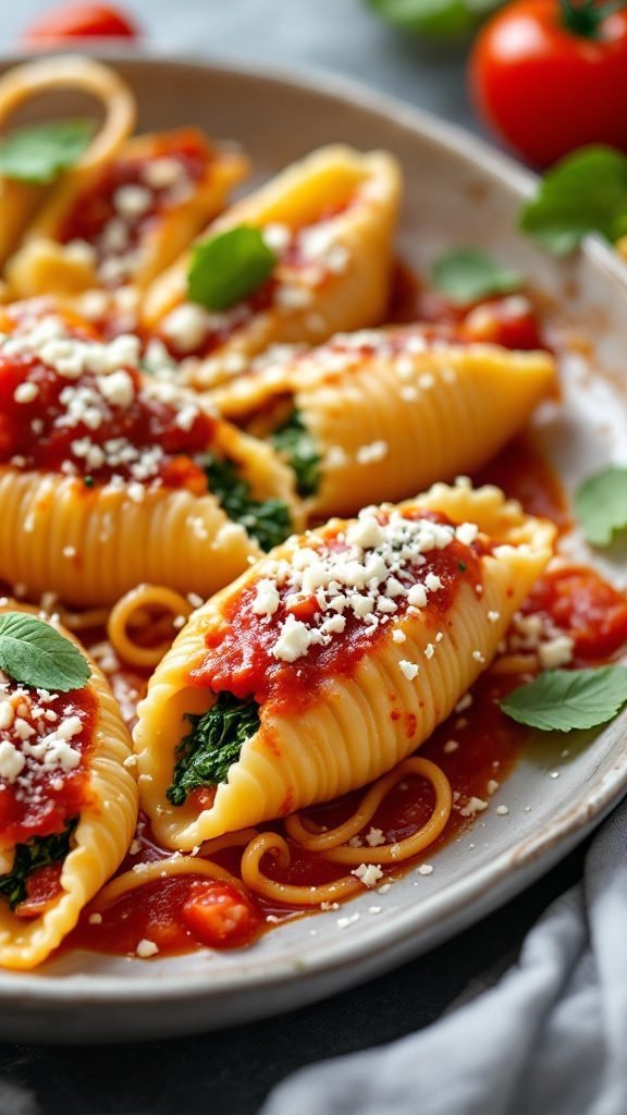 A plate of spinach and feta stuffed pasta shells topped with marinara sauce and feta cheese.