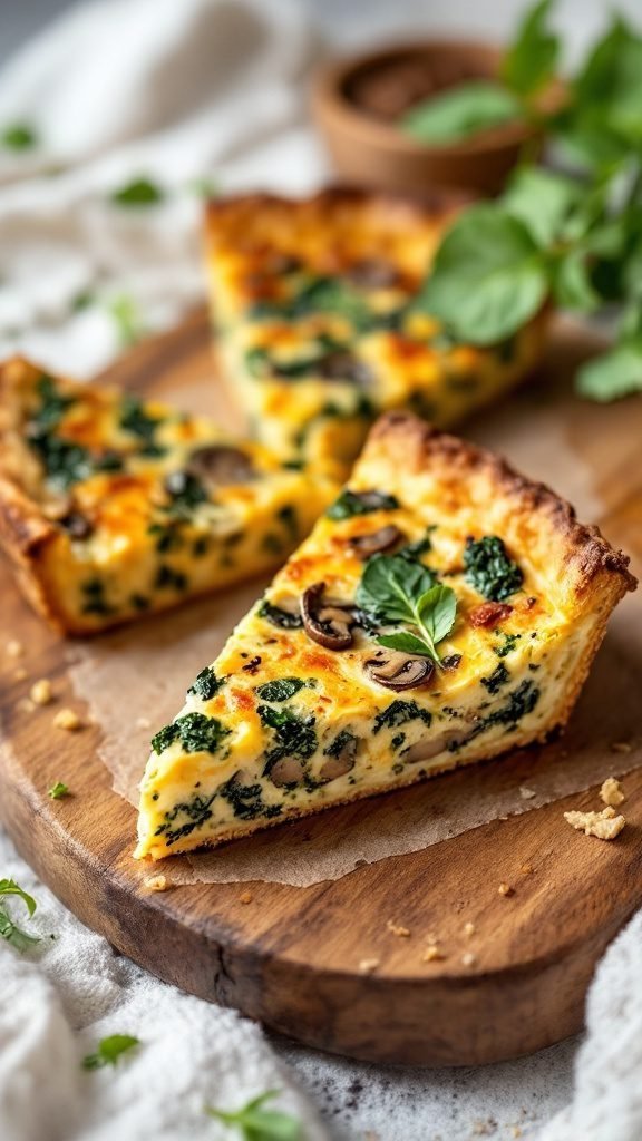 A slice of spinach and mushroom quiche on a wooden board