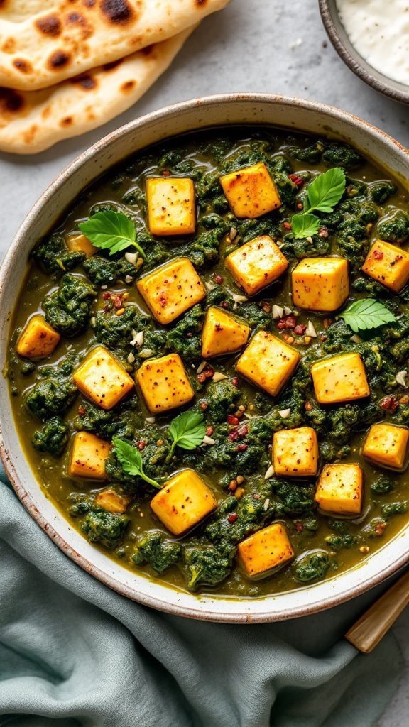A bowl of Spinach and Paneer Saag Curry with cubes of paneer, garnished with cilantro and served with naan.