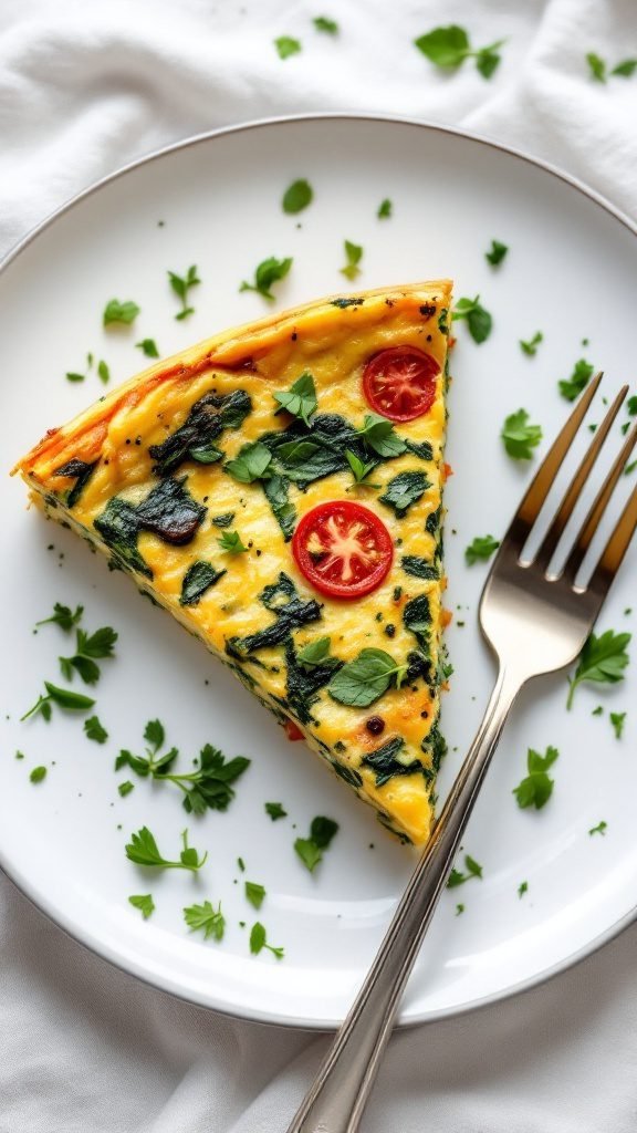 A slice of spinach and tomato frittata garnished with fresh herbs on a plate.