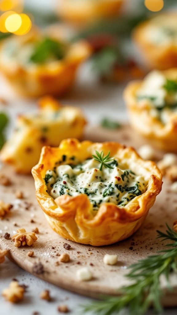 A close-up of delicious spinach artichoke puff cups, golden and flaky, filled with creamy spinach and artichoke mix.