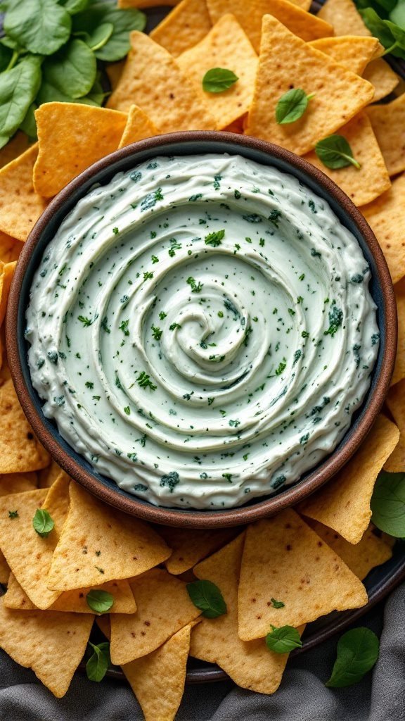 Delicious spinach dip surrounded by tortilla chips, perfect for snacking.