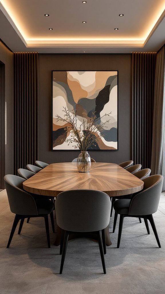 A modern dining room featuring a wooden statement dining table surrounded by upholstered chairs and artistic wall decor.
