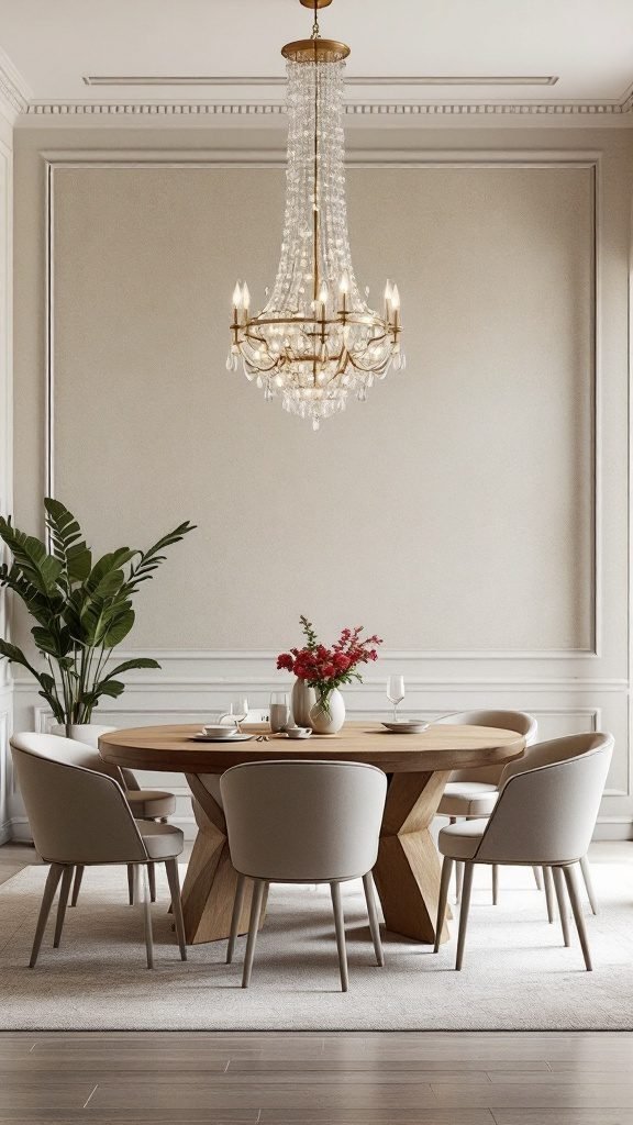 A modern dining room featuring a chandelier above a round wooden table surrounded by upholstered chairs.