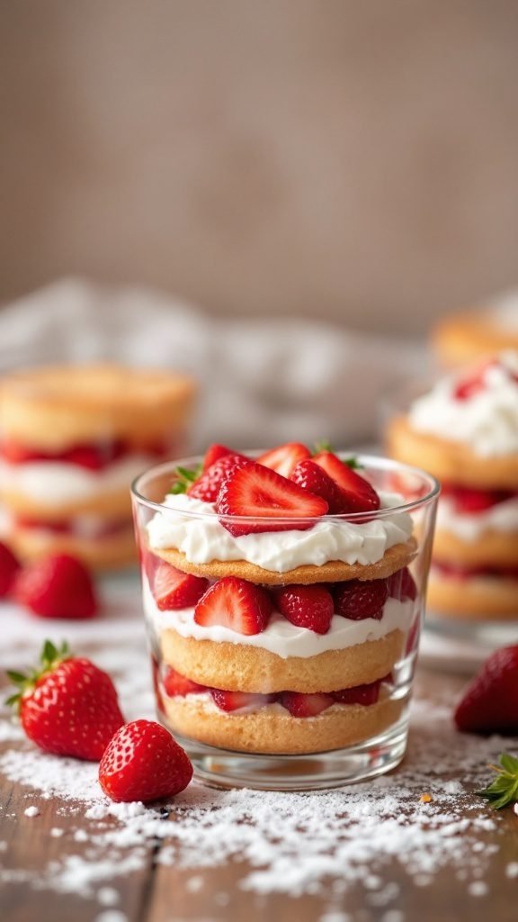 Strawberry shortcake cups layered with strawberries, cream, and cake.