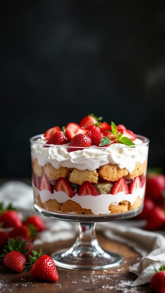 A delicious strawberry shortcake trifle layered with strawberries, cake, and whipped cream.