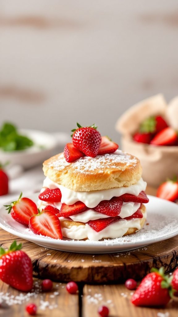 Delicious strawberry shortcake with whipped cream and fresh strawberries