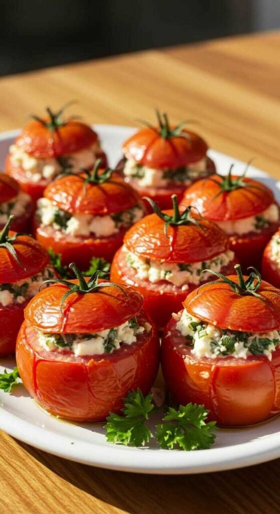 A platter of stuffed cherry tomatoes garnished with herbs on a wooden surface.