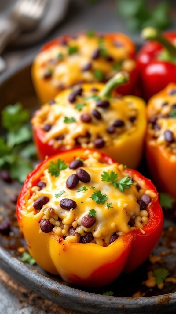 Stuffed bell peppers filled with rice, beans, and cheese