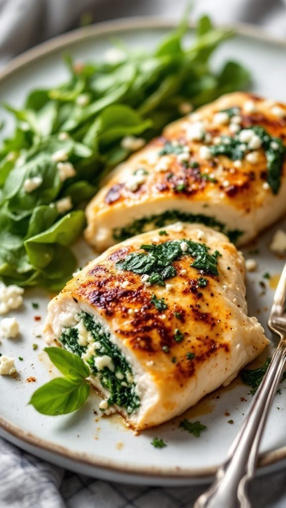 Stuffed chicken breast with spinach and feta served on a plate