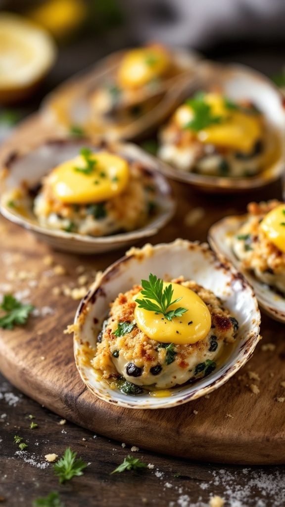 Stuffed clams with garlic butter, topped with parsley.