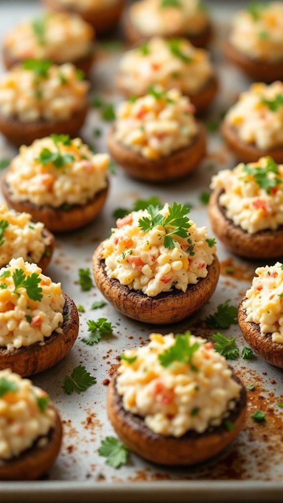 Stuffed mushrooms filled with crab mixture, garnished with parsley.