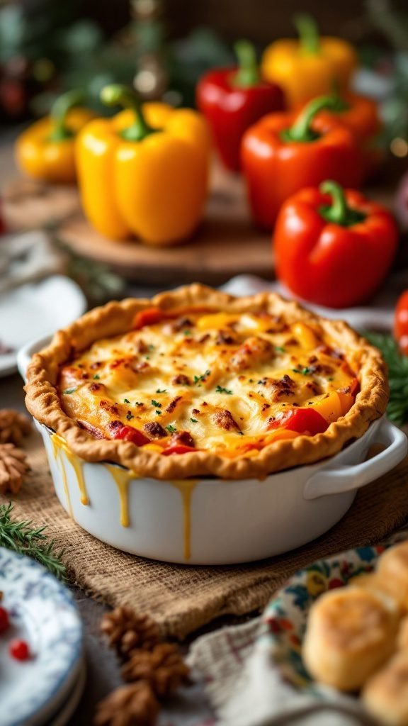 A golden-brown stuffed pepper pot pie with colorful bell peppers in the background.