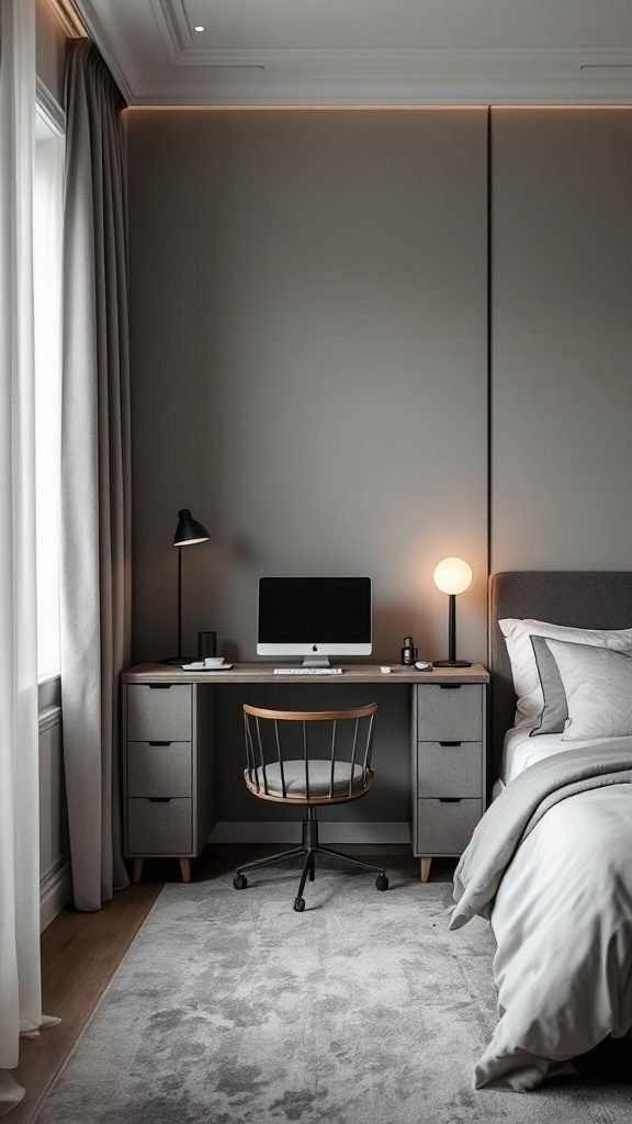 A stylish bedroom office combo featuring a desk, ergonomic chair, and modern lighting.